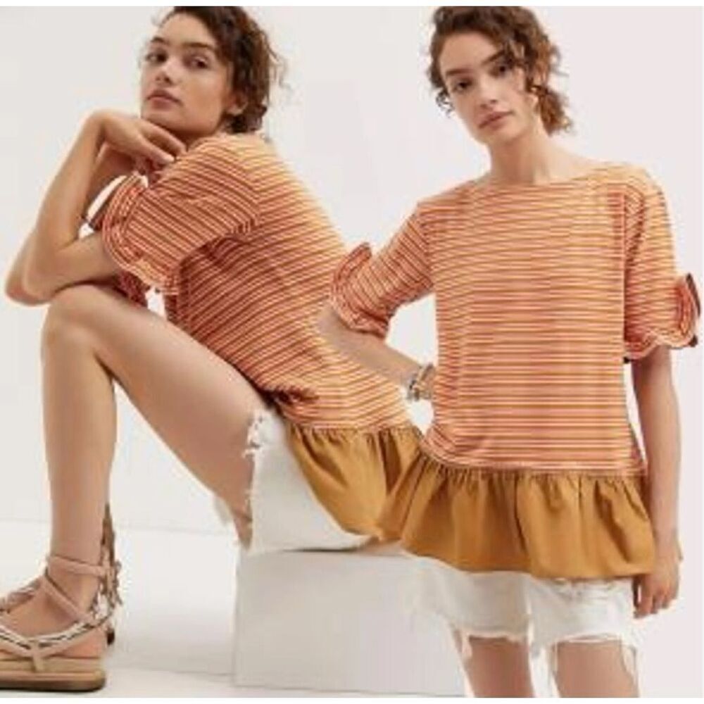 Maeve Anthropologie Ruffled Peplum Stripe Short Sleeve Top Blouse XS